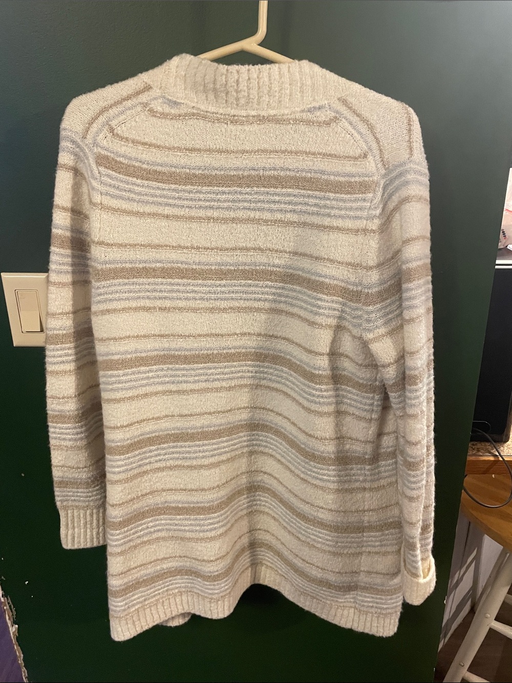 L.L. Bean Ivory, Tan & Light Gray Striped Open-Front Wrap Around Sweater Size La - Picture 3 of 3